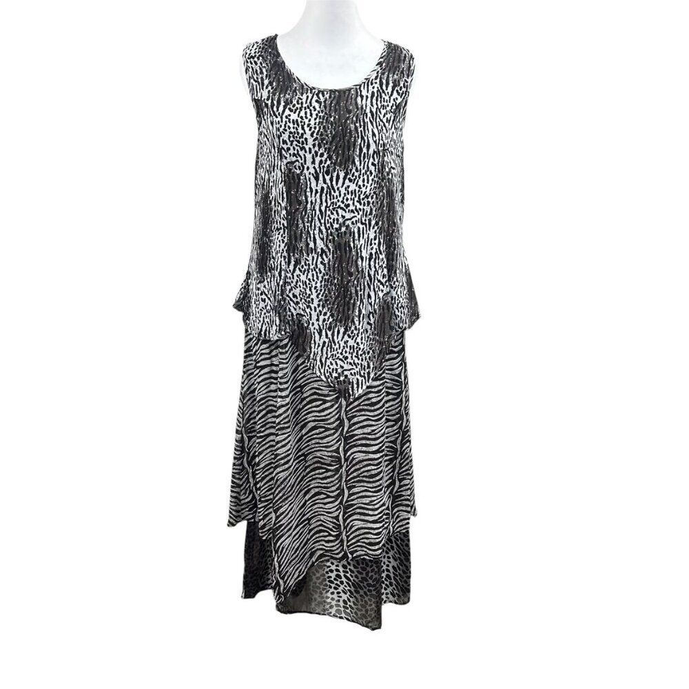 Vintage Phool Midi Dress Womens Size Medium Animal Print Asymmetrical Layered